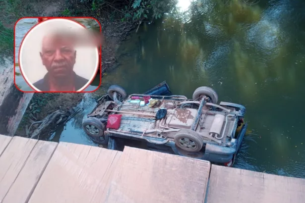 A caminho da igreja, idoso morre após carro cair de ponte em rio na linha 176, em Rolim de Moura