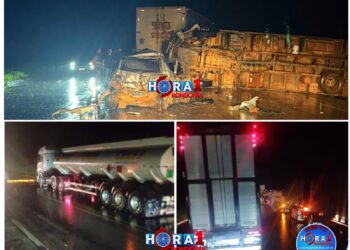 Grave acidente entre dois caminhões e carro de passeio deixa duas pessoas feridas na BR-364, em Candeias do Jamari